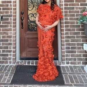 Karen Millen 3D Applique Angel Sleeve Orange Sequin Maxi Dress